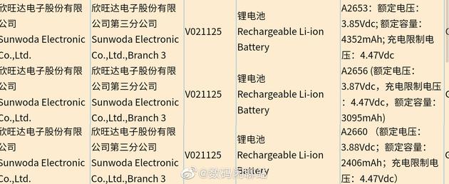 疑似蘋果 iPhone 13 系列電池入網：最高 4352mAh