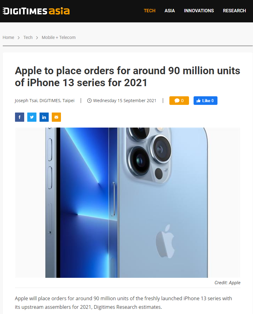 蘋果今年將向組裝廠下單 9000 萬部 iPhone 13 系列機型