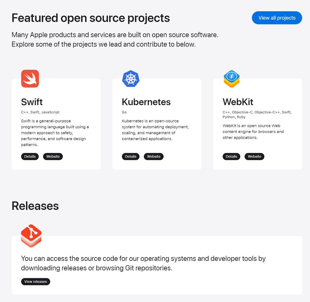 蘋果推出重新設計的開源網站：包括 iOS、macOS 代碼，還有 Swift、WebKit 等開源項目