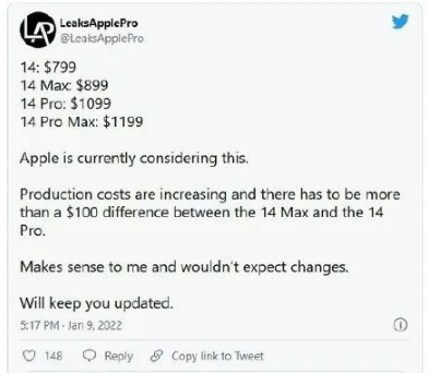 蘋果 iPhone 14 系列內部制定價格曝光：799 美元起步，全版本漲價