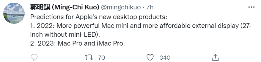 分析師：蘋果今年將推出全新 Mac mini 和顯示器，Mac / iMac Pro 將於 2023 年發布