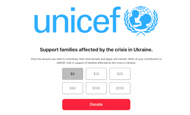 蘋果 App Store 和官網開放烏克蘭救援專區，收益直接捐款給聯合國兒童基金會