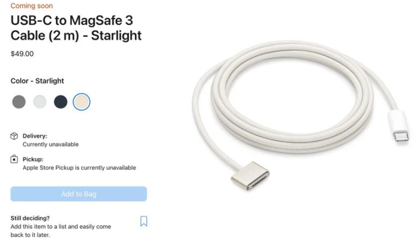 340 元，蘋果推出多彩 USB-C 轉 MagSafe 3 連接線，為 M2 MacBook Air 2022 款打造