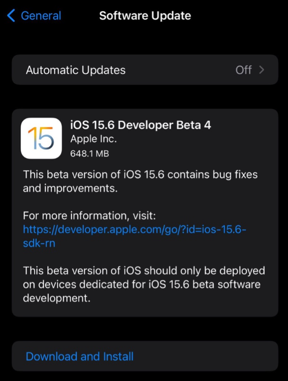 蘋果 iOS / iPadOS 15.6 開發者預覽版 Beta 4 發布