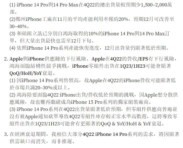 郭明錤：第 4 季度 iPhone 14 Pro 系列機型的出貨量將明顯低於預期